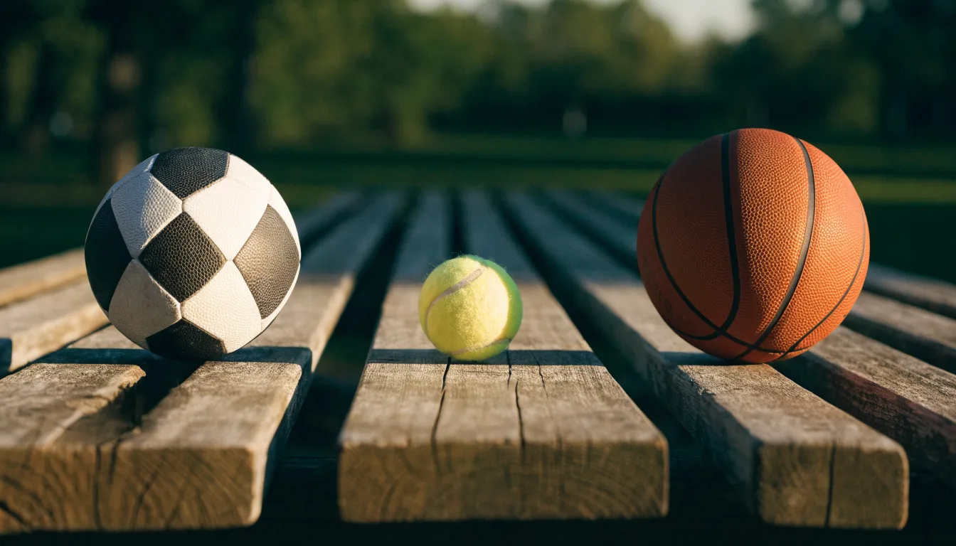 Três bolas de desportos diferentes alinhadas lado a lado num banco de madeira