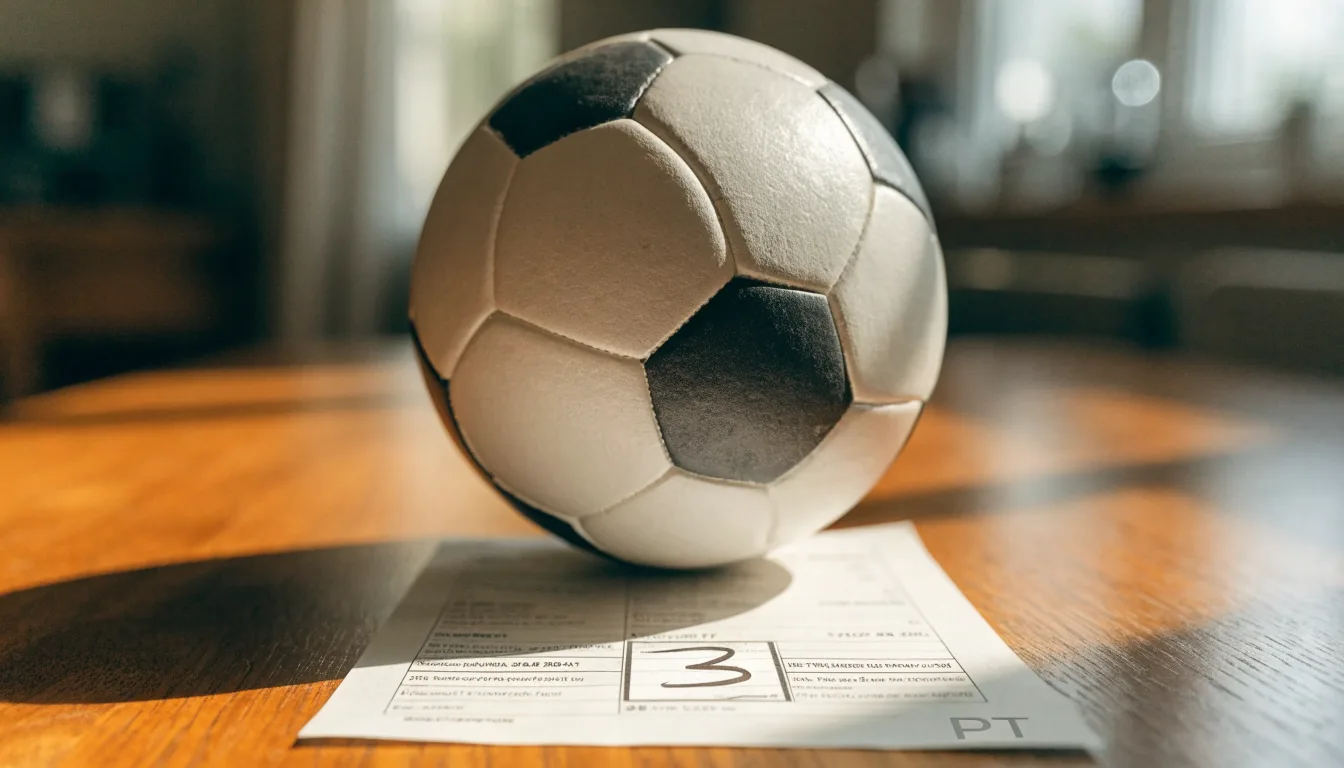 Uma bola de futebol pousada sobre um talão de apostas em branco numa mesa de madeira, à luz do dia