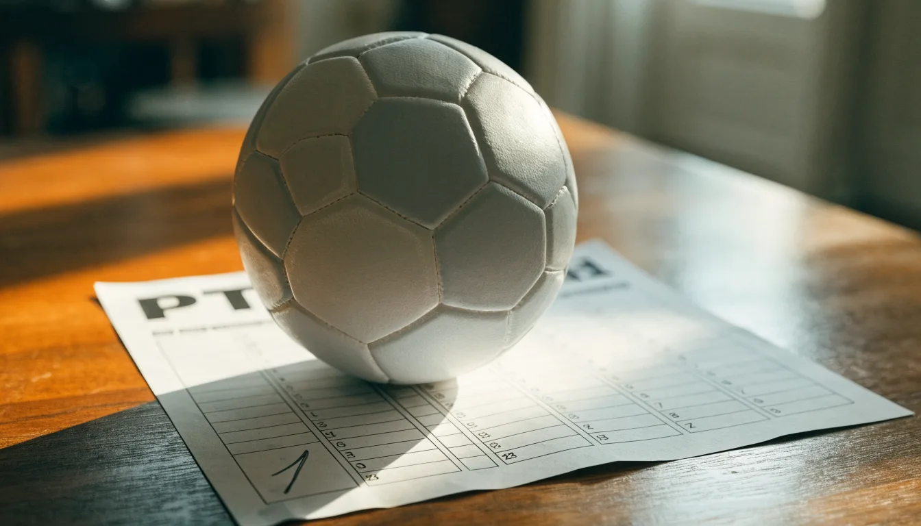 Uma bola de futebol pousada sobre um talão de apostas em branco numa mesa de madeira, à luz do dia